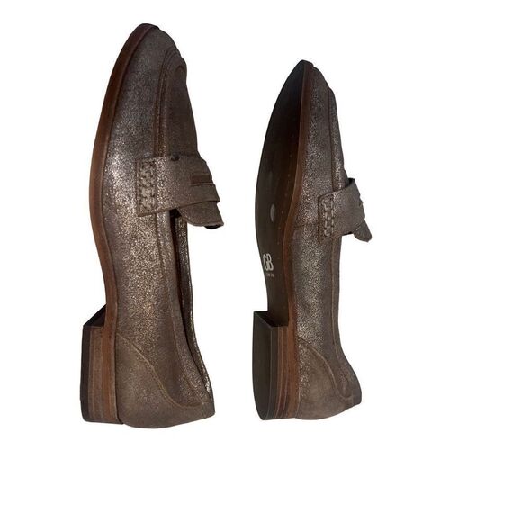 Gianni Bini Gold Taupe Suede Metallic Shimmer Penny Loafer Flat Women's Size - Picture 3 of 13